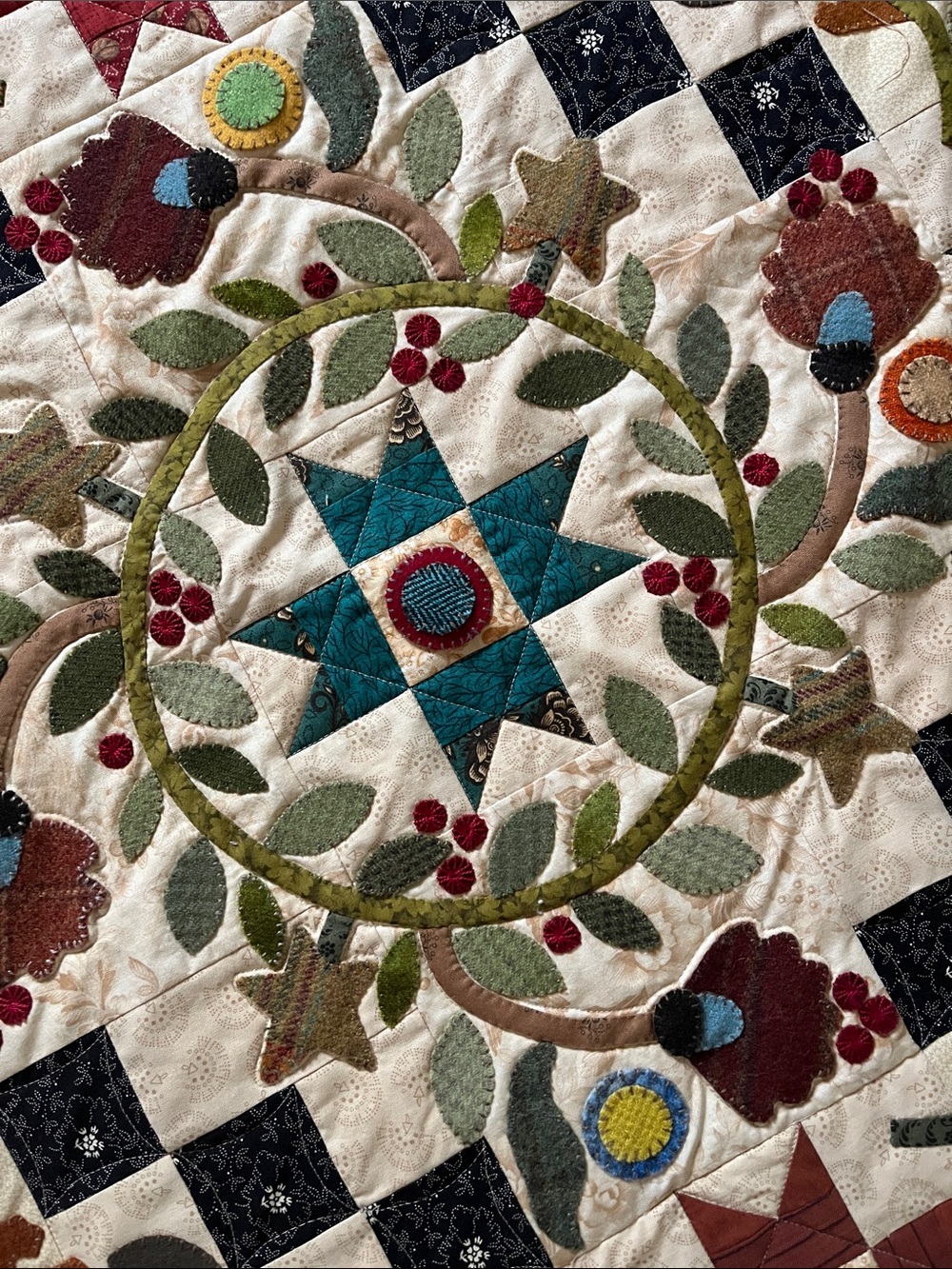 Handmade Wool Appliqué Patchwork Wall Quilt in Teal, Red, Green, Brown - Picture 3 of 3